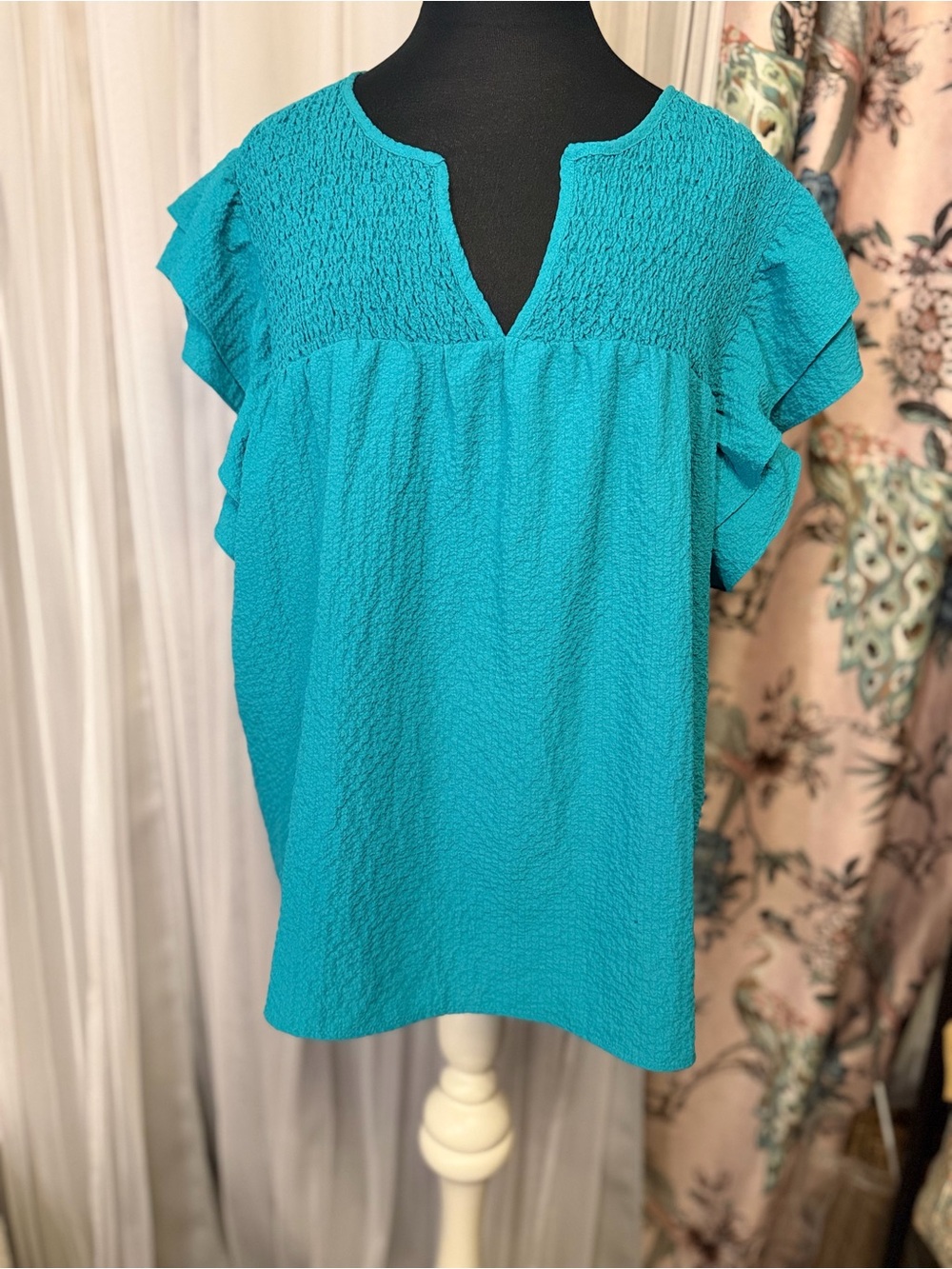 BiBi Teal Smocked Ruffle Sleeve Blouse Size Medium Boho Babydoll Top